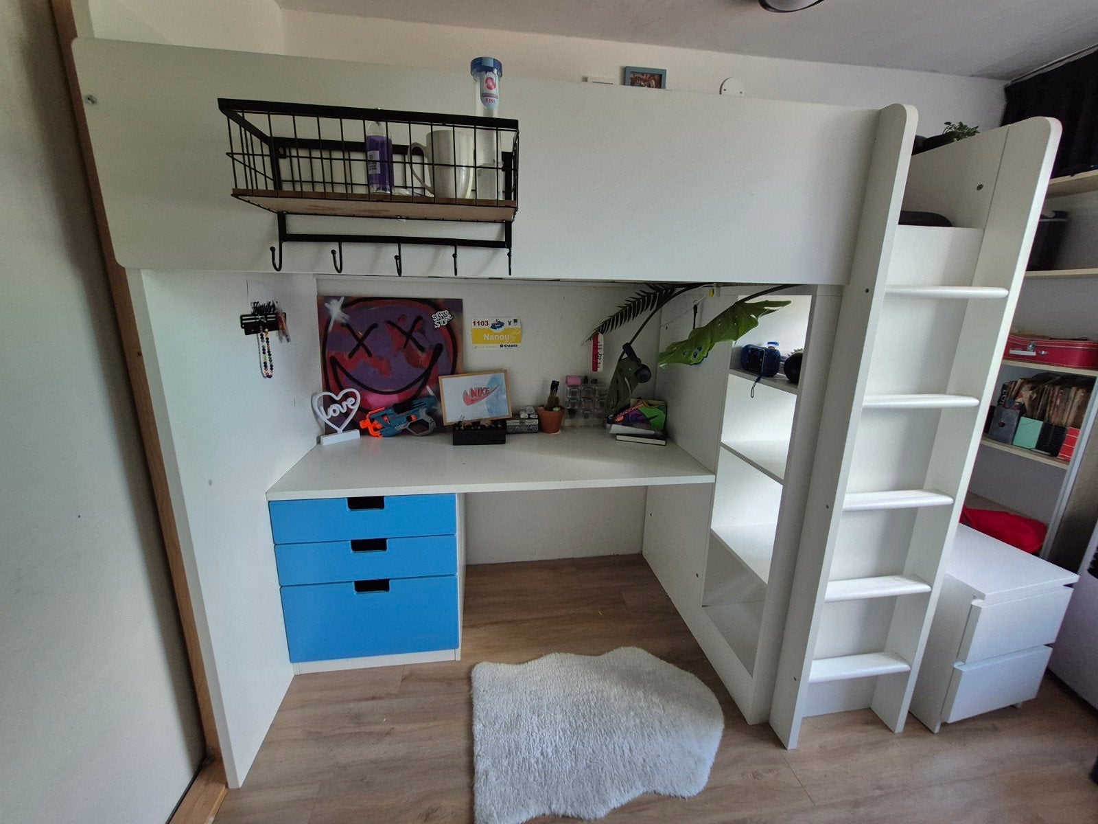 Stuva/smastad hoogslaper met bureau en kast - Wit/Bl, Gebruikt, Eenpersoons, Ophalen of Verzenden, 90 cm