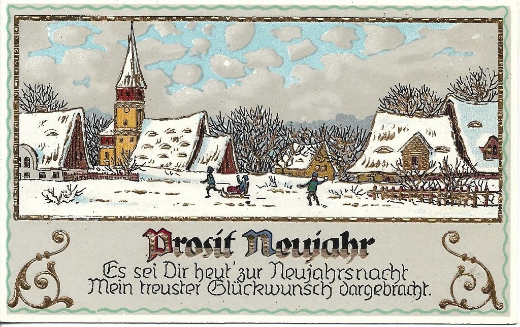 Gelukkig Nieuwjaar*Goudopdruk*Landschap*Kinderen*Slee*MOOI, Ophalen of Verzenden, Voor 1920, Gelopen, Feest(dag)