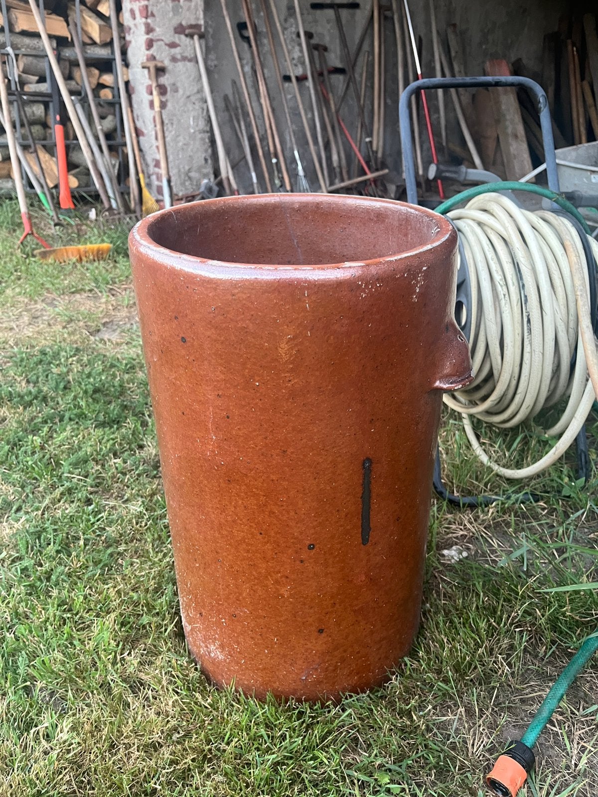 Oude zuurkoolpot, bloempot zonder bodem, Tuin en Terras, Bloempotten, Ophalen, Rond, Zo goed als nieuw, Aardewerk
