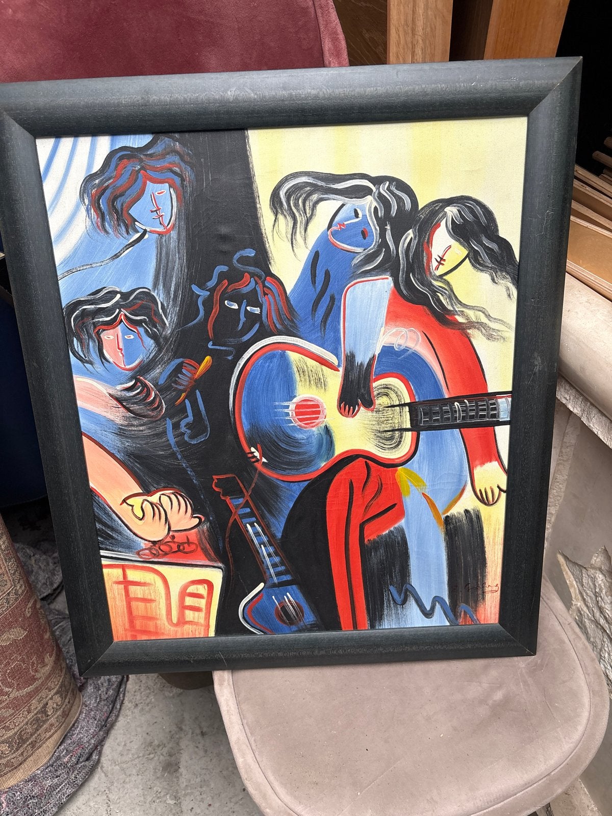 Modern schilderij: Muzikanten met gitaar, gesigneerd, Ophalen of Verzenden, Overige materialen, Muziek, Gesigneerd