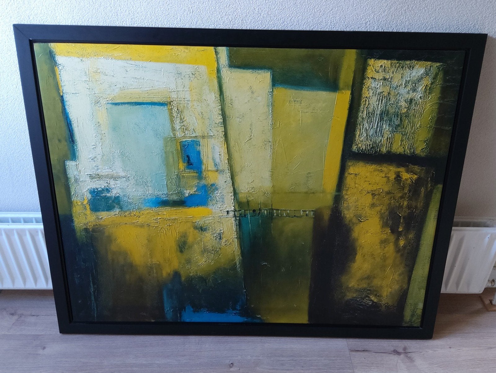 Gratis ophalen Abstract Schilderij in Geel, Blauw en Groen, Antiek en Kunst, Ophalen of Verzenden