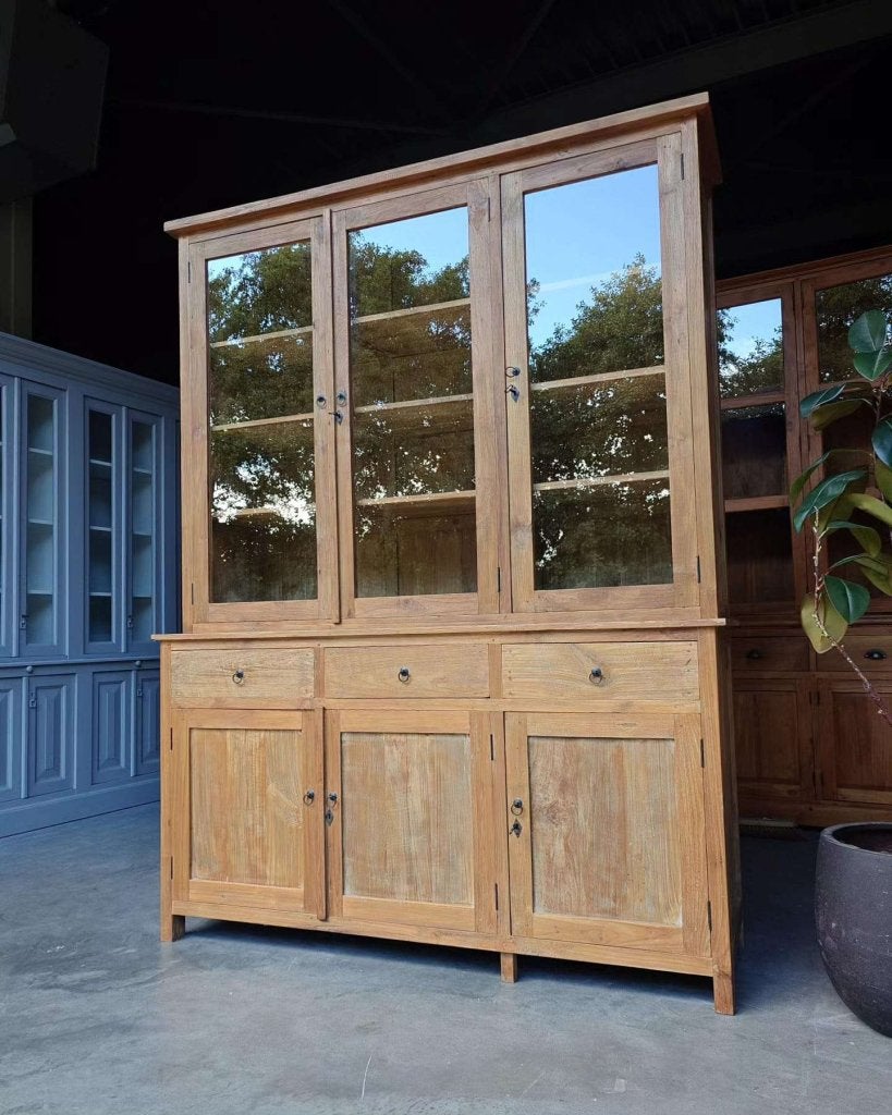 Mooie hoge vitrinekast | Teakhouten buffetkast #3235, Gebruikt, -, 200 cm of meer, -