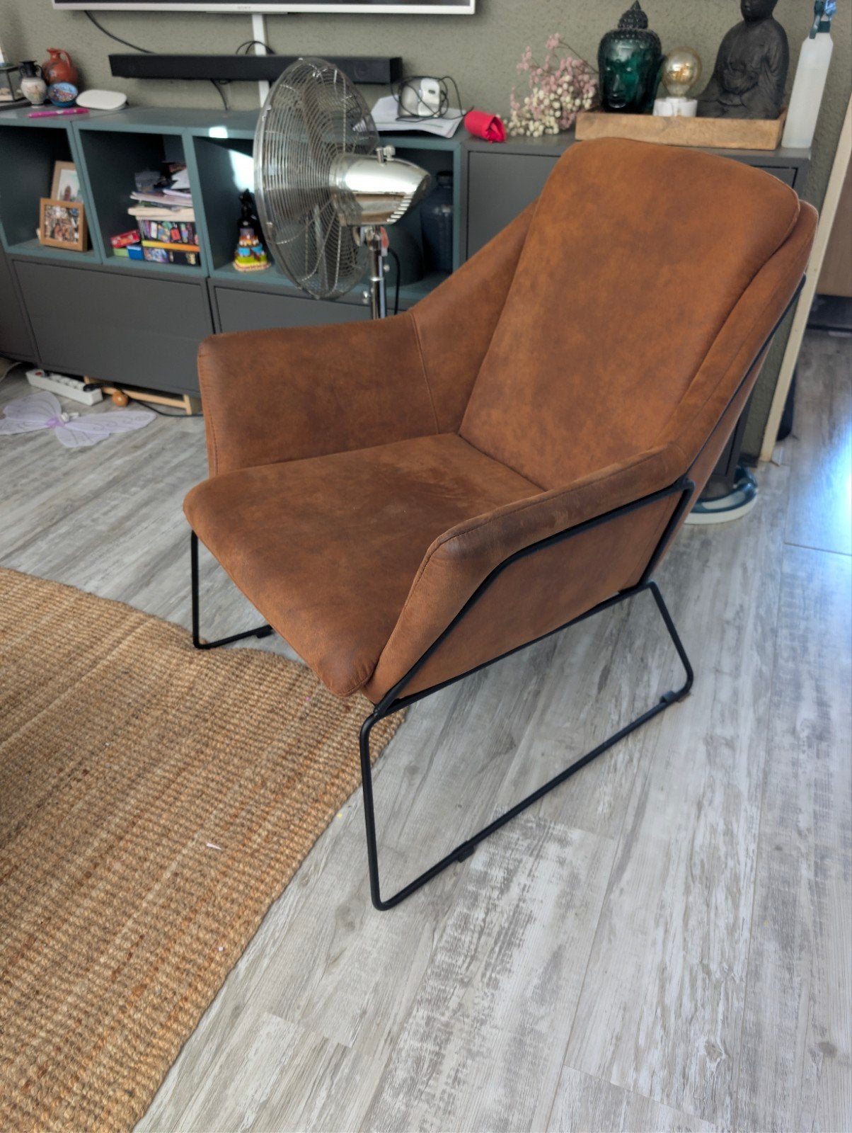Stoere industriële fauteuil (bruin/cognac microleder), Ophalen, Gebruikt, Metaal, Eén