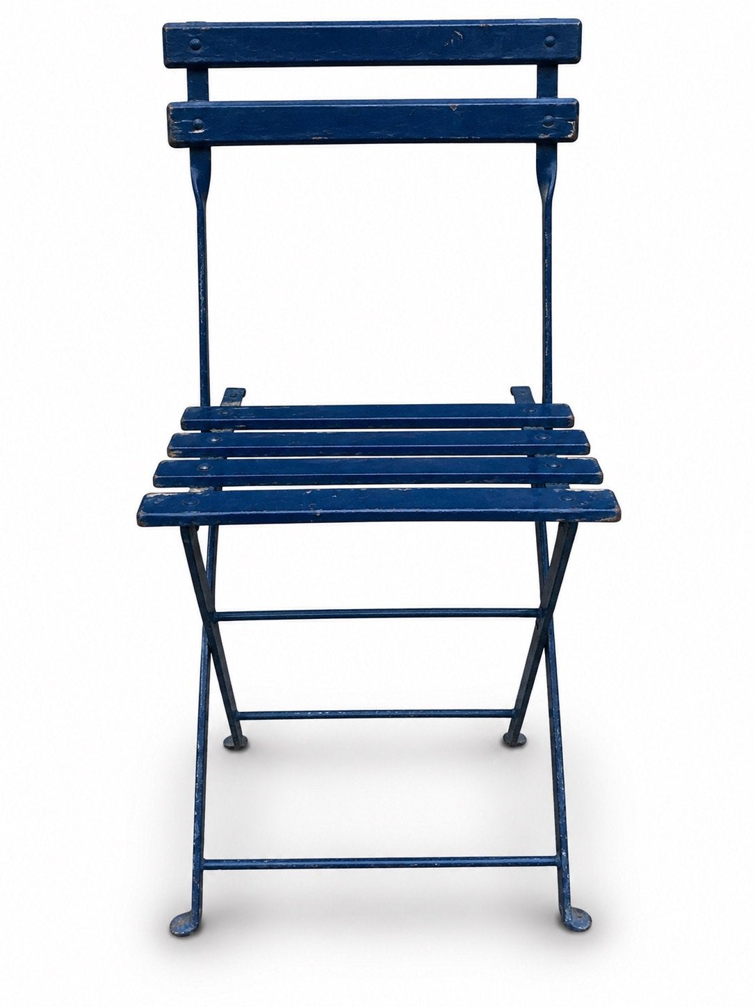 Vintage blauwe inklapbare bistrostoel – opknapper, Ophalen, Gebruikt, Hout, Inklapbaar