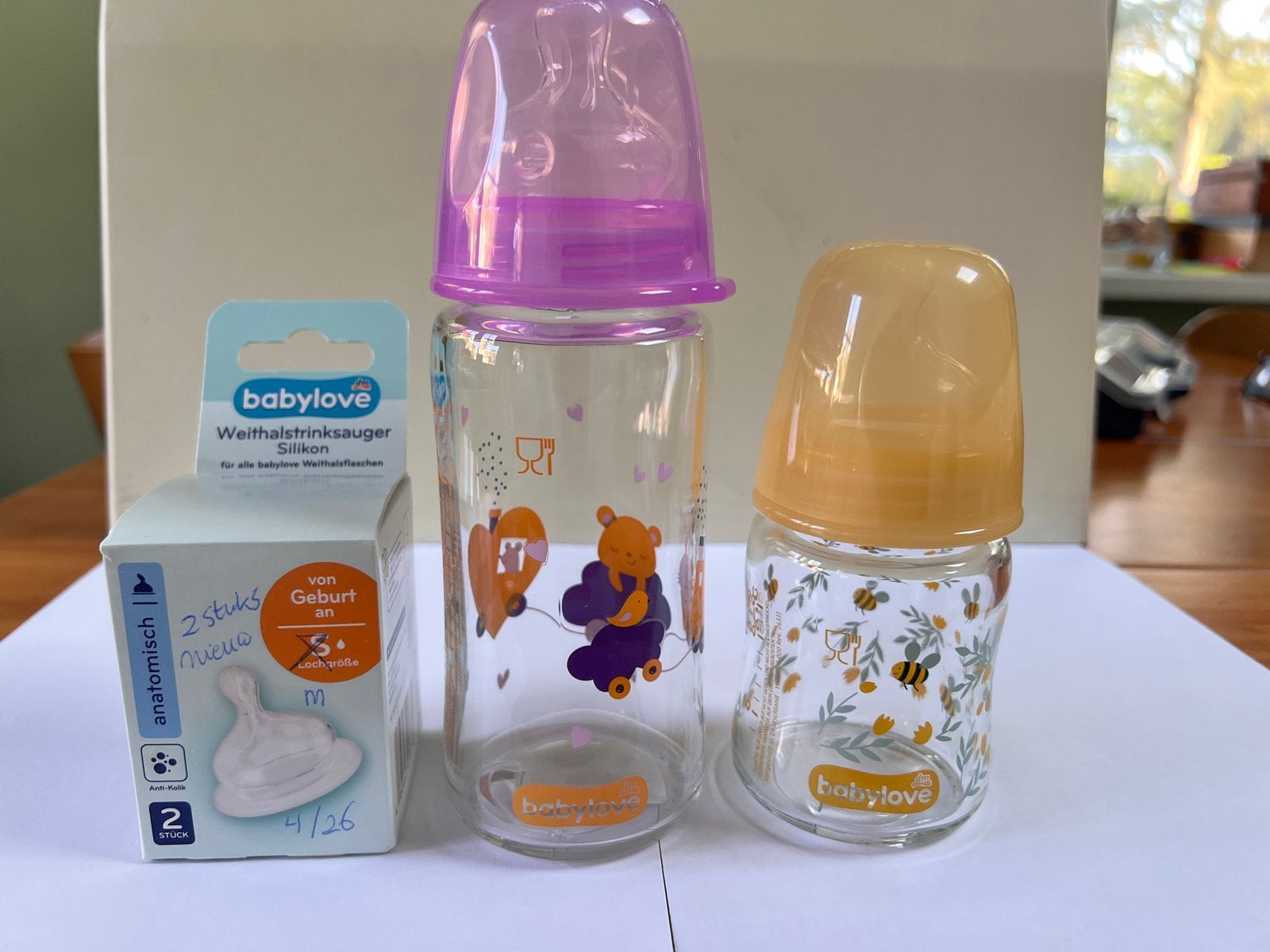Babylove glazen melkflessen met spenen (nieuw), Ophalen of Verzenden, Nieuw, Babyfles, Overige merken