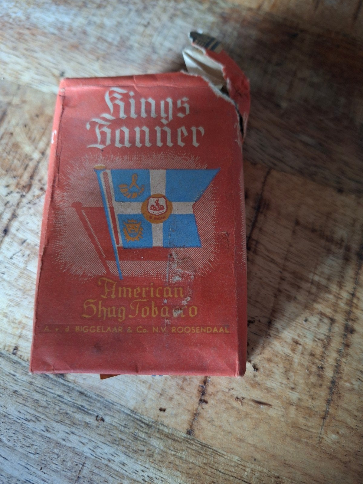 Vintage Kings Banner American Shag Tobacco pakje, vol, Ophalen of Verzenden, Gebruikt, Tabaksdoos of Verpakking