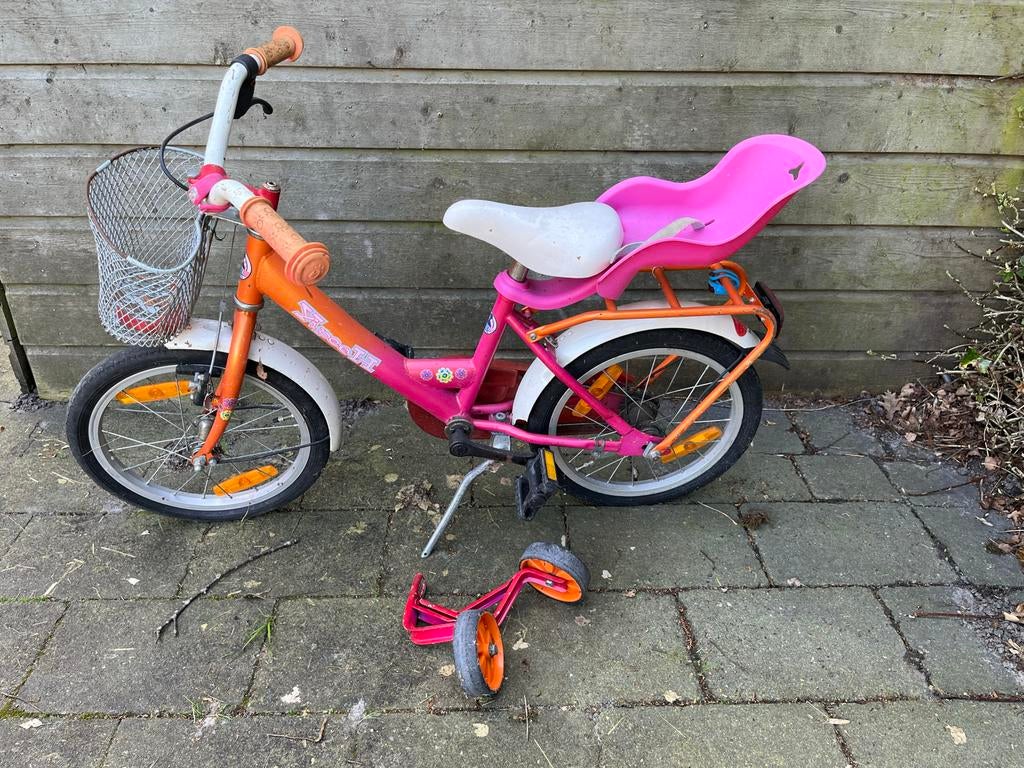 Kinderfiets roze/oranje met zijwieltjes en zitje, Ophalen, Terugtraprem, Zijwieltjes, 16 tot 20 inch