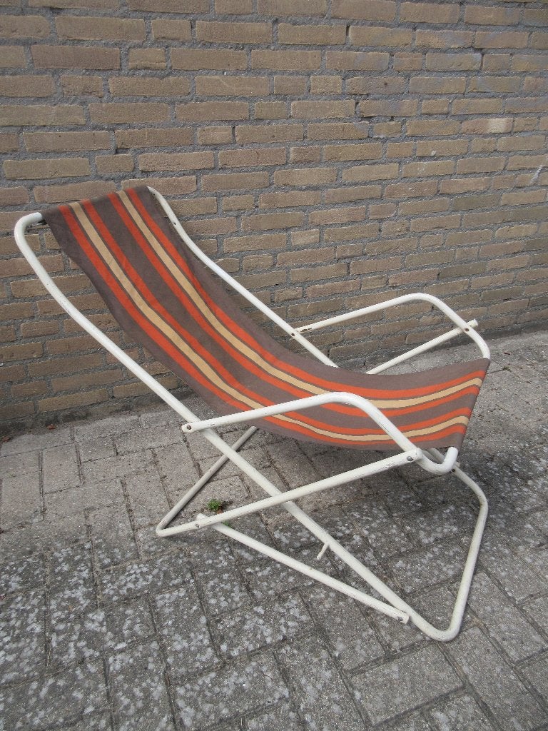 Vintage ligstoel campingstoel strandstoel oranje gestreept, Caravans en Kamperen, Kampeermeubelen, Ophalen, Gebruikt, Campingstoel