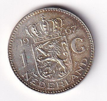 1 Gulden 1967 met Patina en randtikje, 1 gulden, Koningin Juliana, Verzenden, Zilver