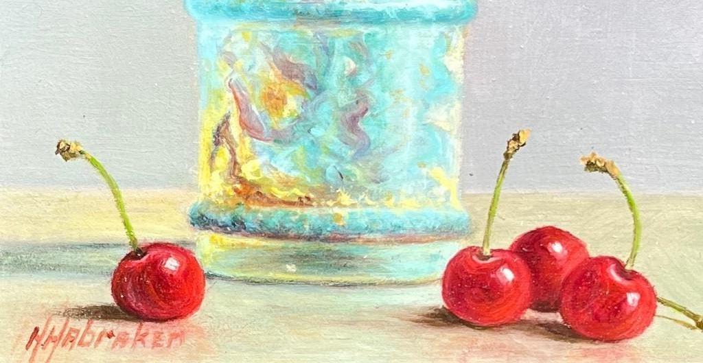 Schilderij oud glas en ekersen op tafel. Hans Habraken., Ophalen of Verzenden