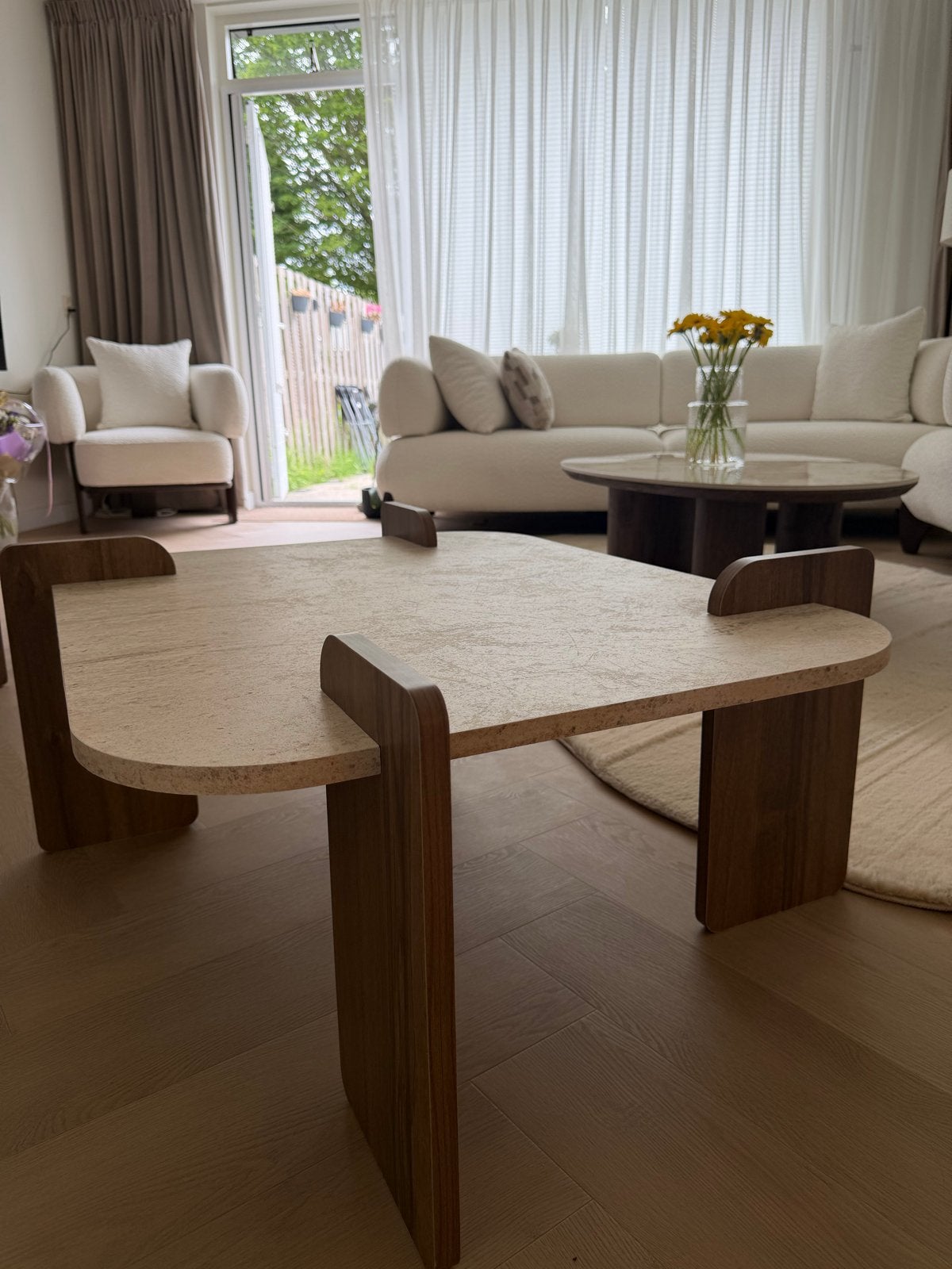 Salontafel Travertin Steenlook Beige, Ophalen, 50 tot 100 cm, 50 tot 100 cm, Zo goed als nieuw