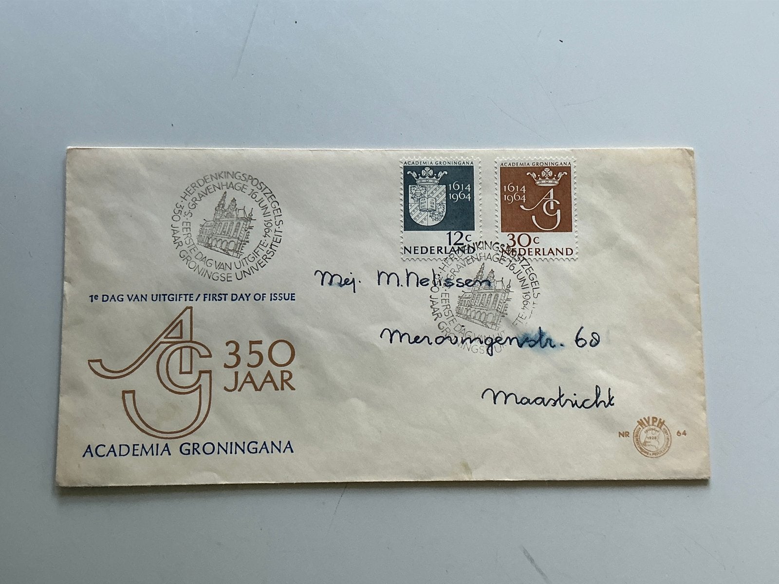 FDC 350 Jaar Universiteit Groningen 1964, Ophalen of Verzenden, Beschreven, Nederland