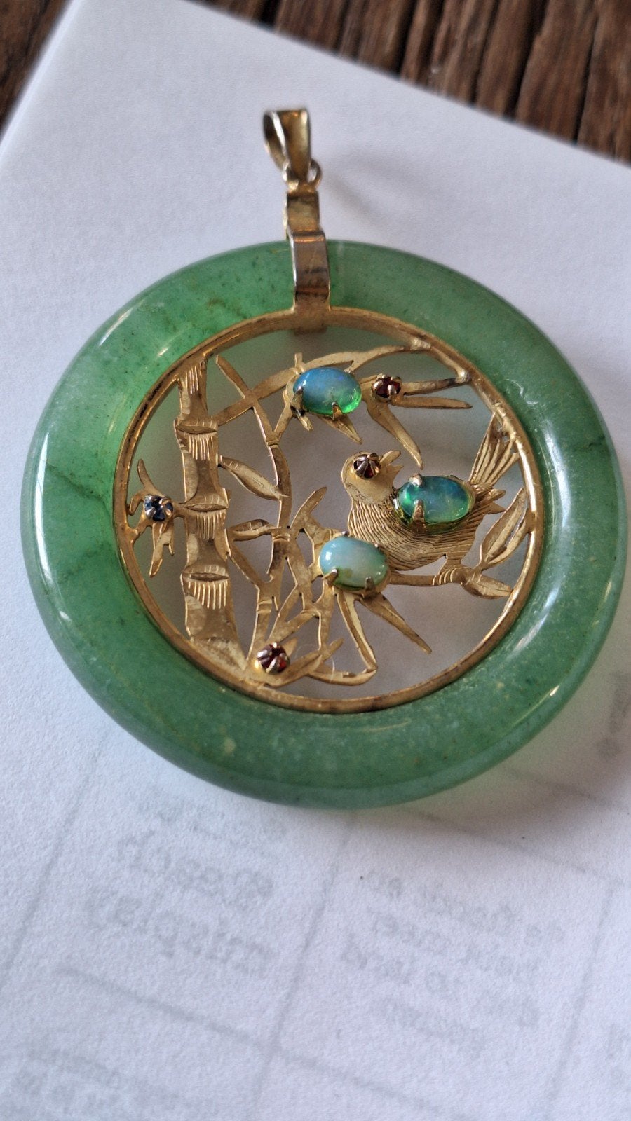 Vintage hanger met jade en opaal, vogel en bamboe design, Ophalen of Verzenden, Gebruikt