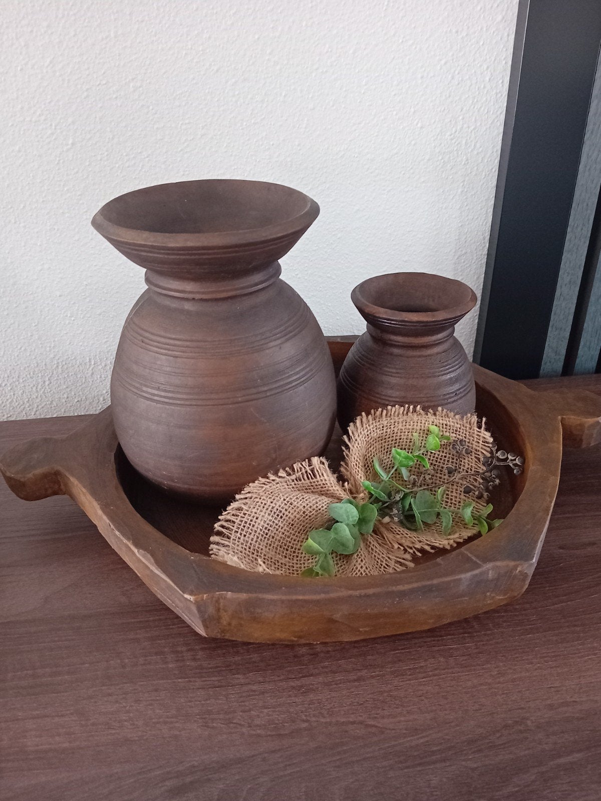 Chapatischaal met 2 Nepalese potten, Huis en Inrichting, Hout, Ophalen of Verzenden, Bruin, Landelijk