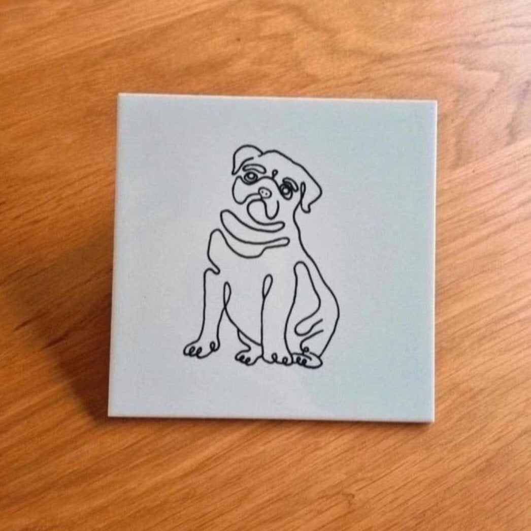 Tegeltje mops hond pug dog lijntekening lijn tekening, Ophalen of Verzenden