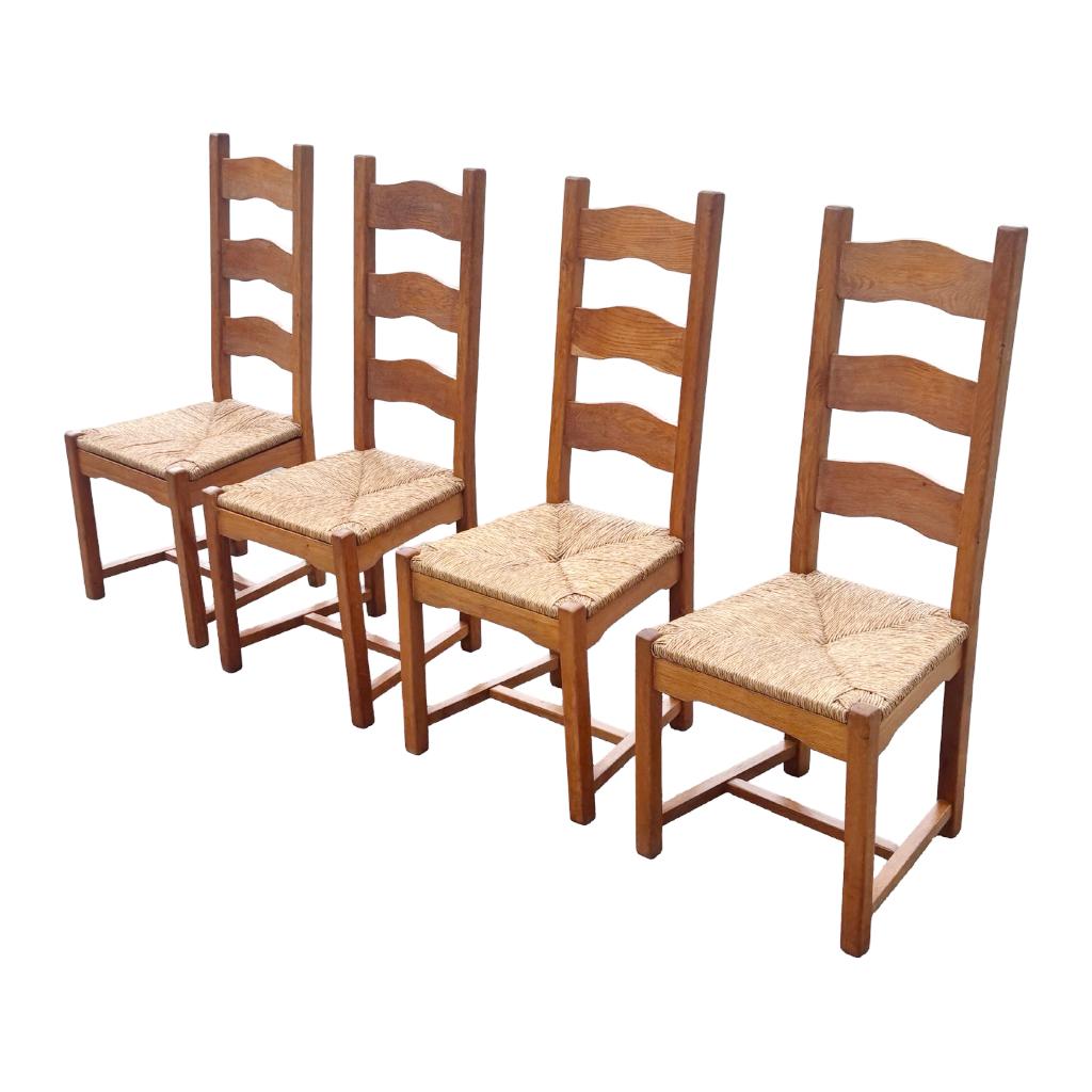 Vintage set van 4 eetkamerstoelen eikenhout riet jaren 70, Ophalen, Vintage stoelen, Gebruikt, Bruin
