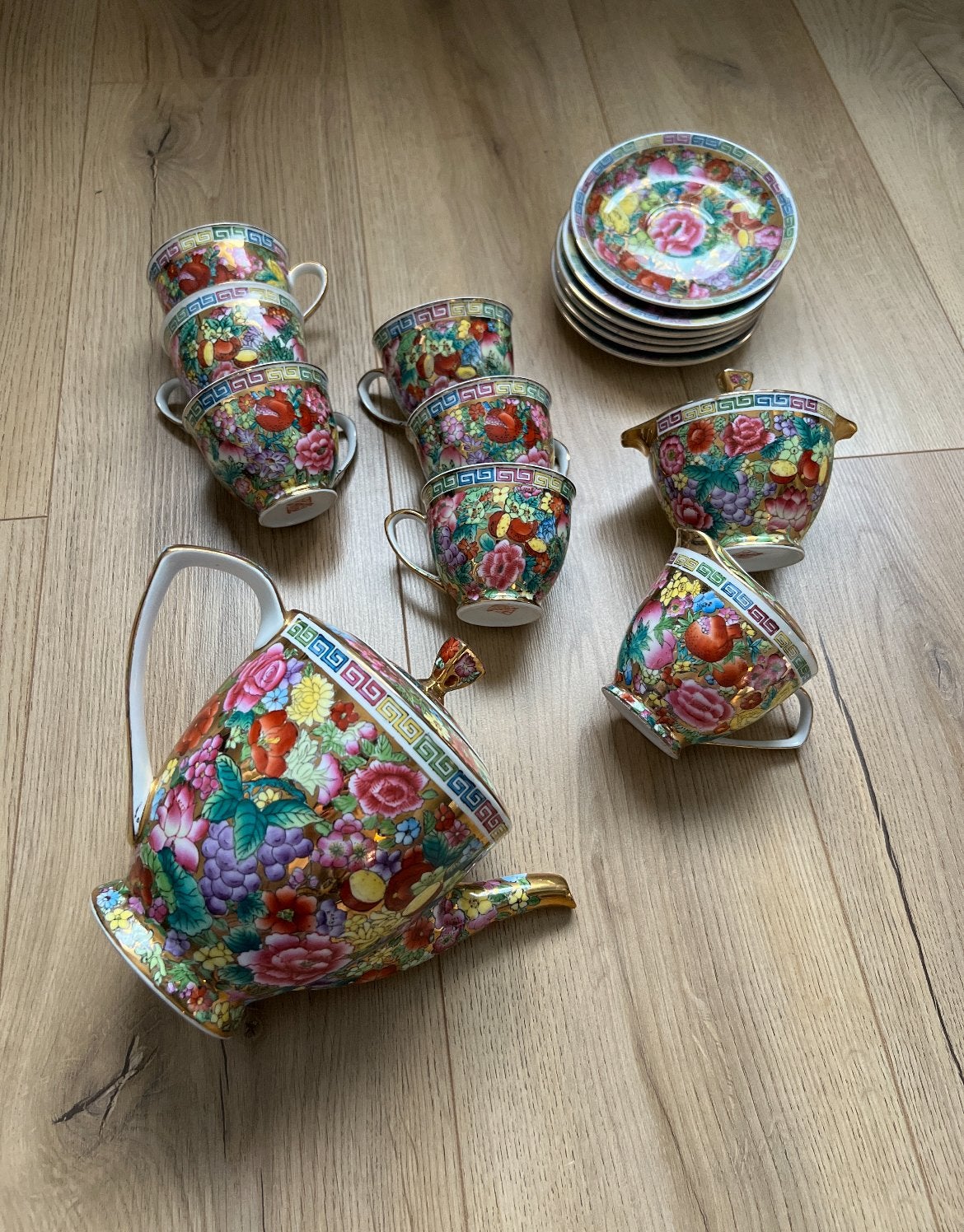 Vintage Chinese porseleinen theeset Millefleurs 15-delig, Ophalen of Verzenden