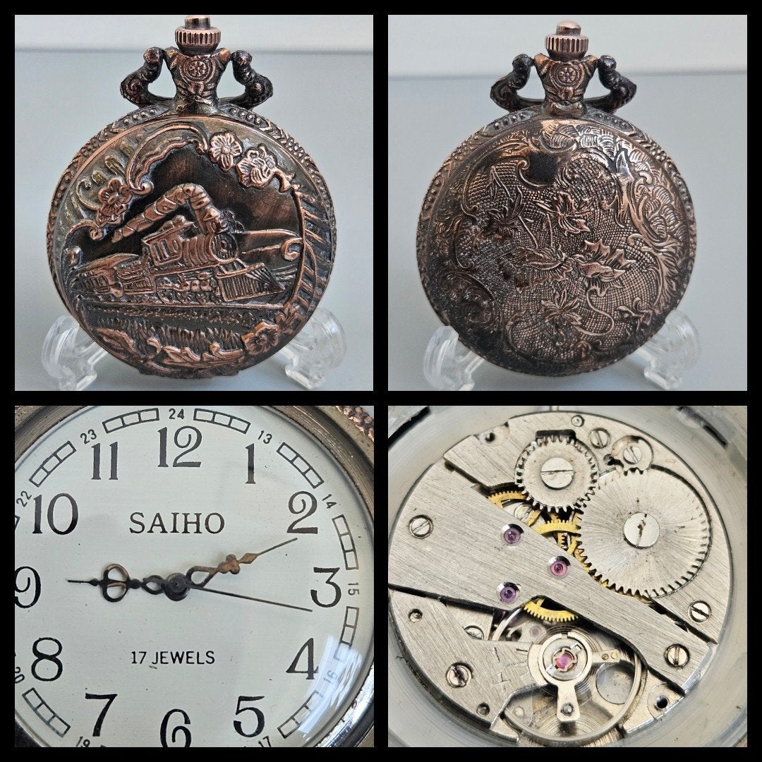 Zakhorloge met stoomlocomotief,  17 jewels, loopt, Antiek en Kunst, Ophalen of Verzenden