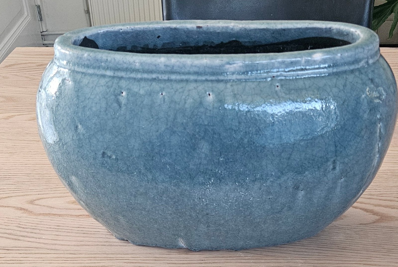 Grote ovale keramieken vaas/plantenbak groenblauw, 40 cm, Ophalen