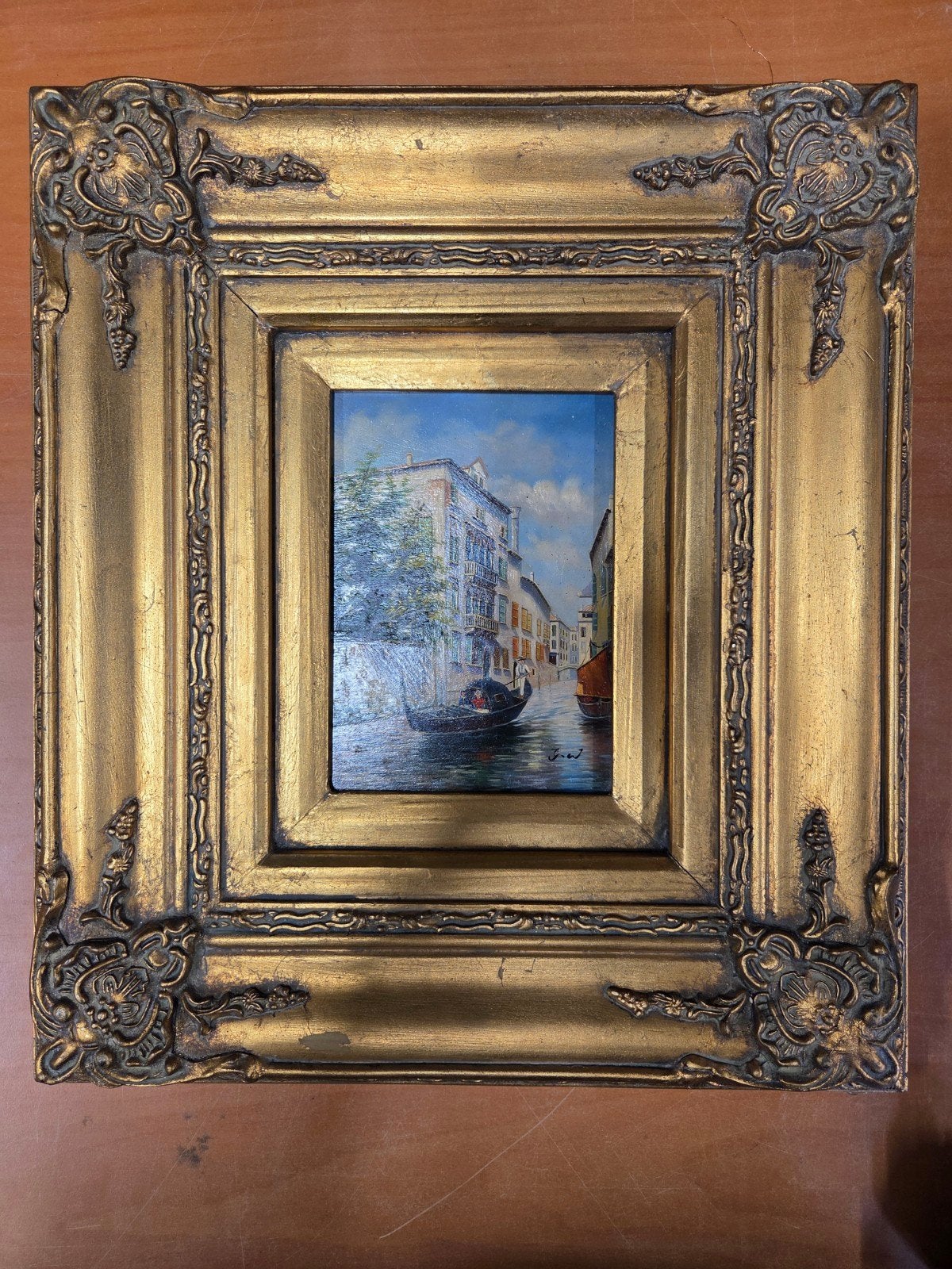 Antiek schilderij, grachtenscene met boten en gebouwen, Ophalen of Verzenden