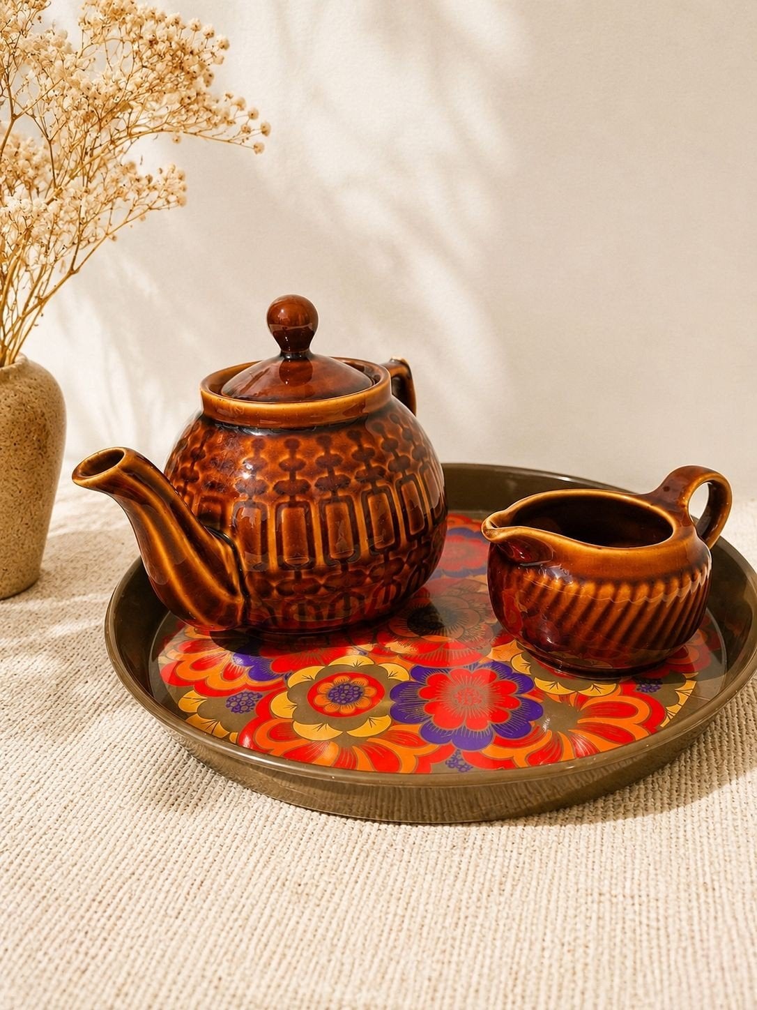 Vintage theepot Poland en kannetje Boch bruin geglazuurd, Ophalen of Verzenden, Zo goed als nieuw, X, X