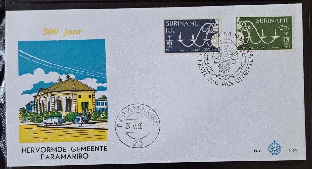 Suriname: 300 jaar Hervormde Kerk Paramaribo envelop 1968, Ophalen of Verzenden, Onbeschreven, Rest van de wereld