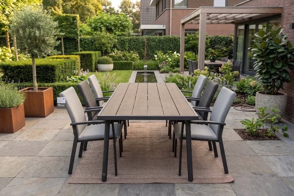 Luxe 4 Seasons Tuintafel + 6 Flow Stoelen Outlet, Ophalen, 4 zitplaatsen, Aluminium, Zo goed als nieuw
