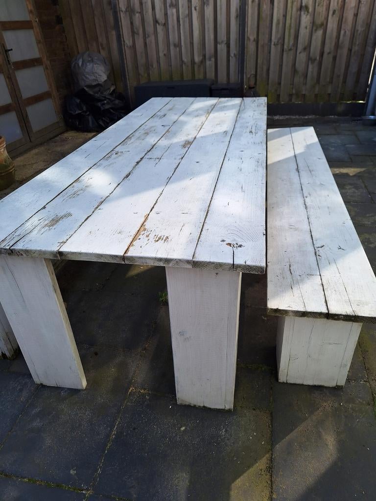 Stevige houten tuintafel met bank, wit geverfd, Tuin en Terras, Picknicktafels, Ophalen of Verzenden, Gebruikt, Rechthoekig, Hout