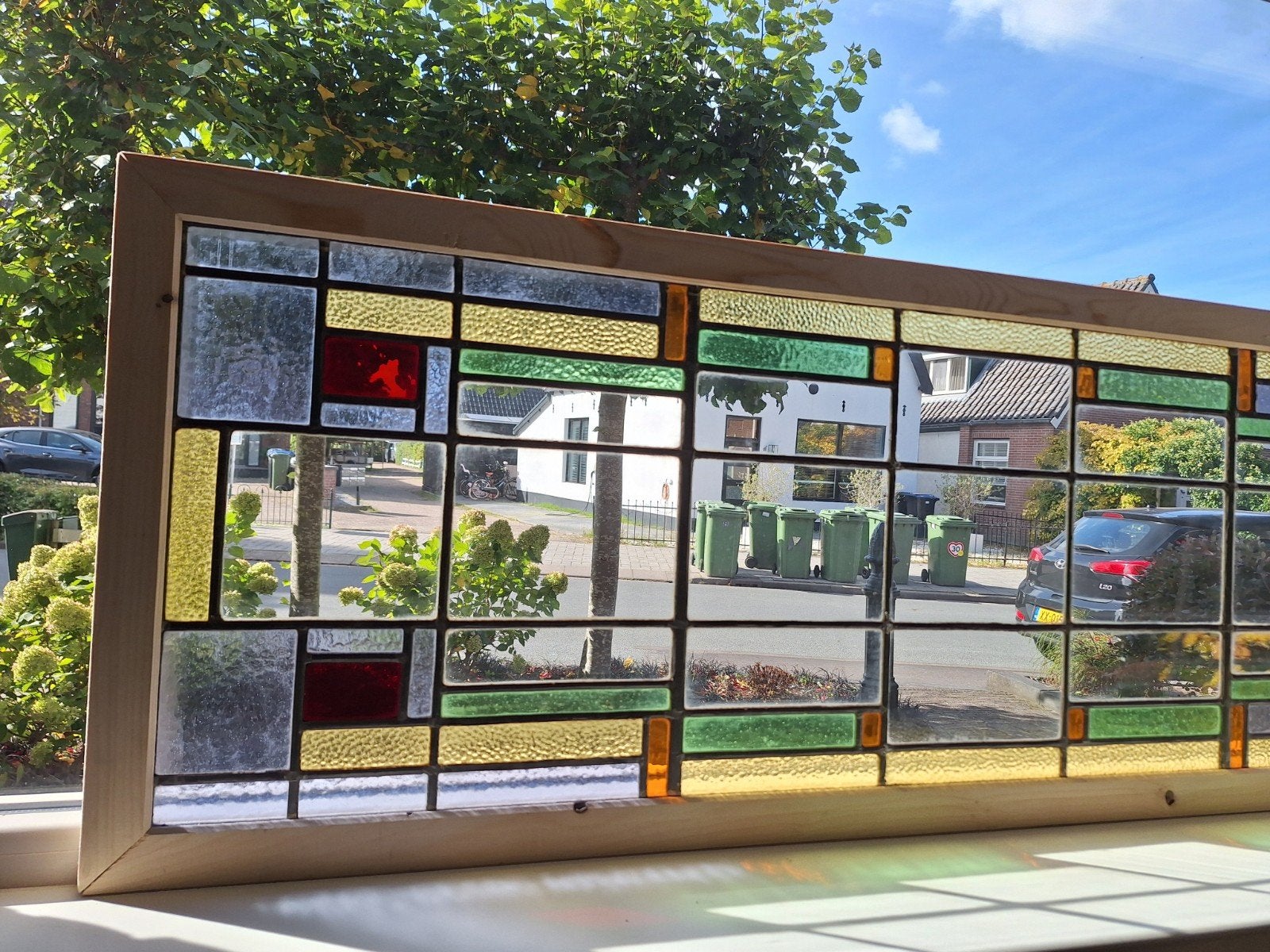 Glas in lood raam in houten lijst - 154,5 x 54,5 cm, Ophalen, Gebruikt, Meerkleurig, Modern
