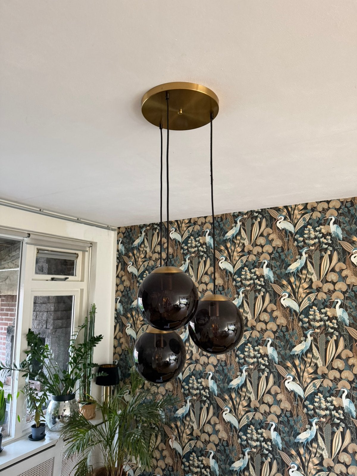 Hanglamp 3-licht smoke glas goud/messing design plafondlamp, Ophalen, Zo goed als nieuw, Glas
