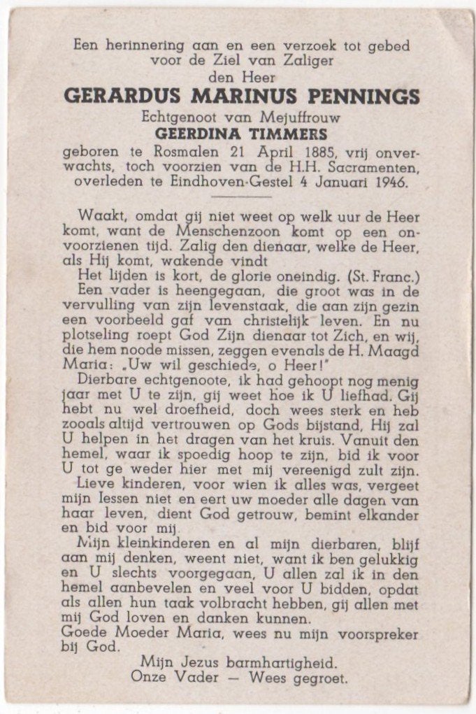 Gerardus M. Pennings 1885 Rosmalen + 1946 Eindhoven, 60 jaar, Ophalen of Verzenden