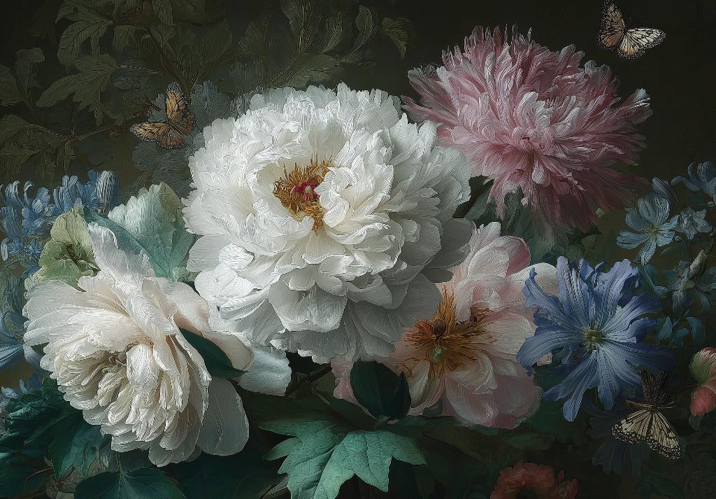 Klassiek Bloemen fotobehang Pioenrozen, Fotobehang4you, Verzenden, Minder dan 10 m², Bloemen, klassiek, vintage, rozen