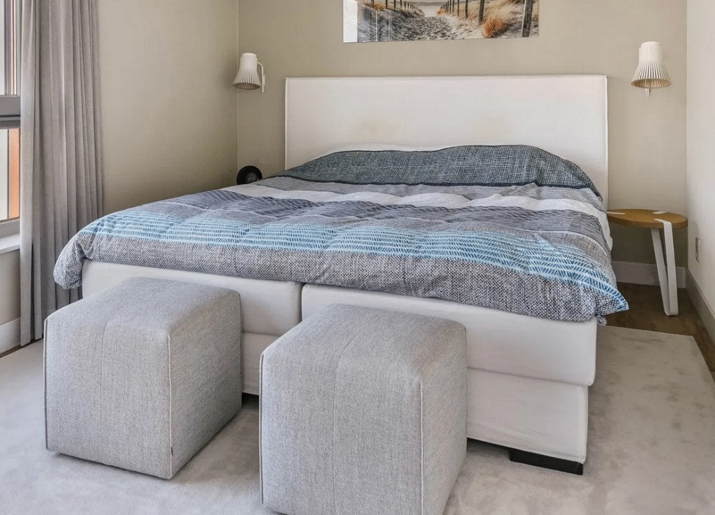 Nilson prestige boxspring, Huis en Inrichting, Slaapkamer | Bedden, Gebruikt, Tweepersoons, 180 cm, 210 cm, Stof, Grijs, Ophalen