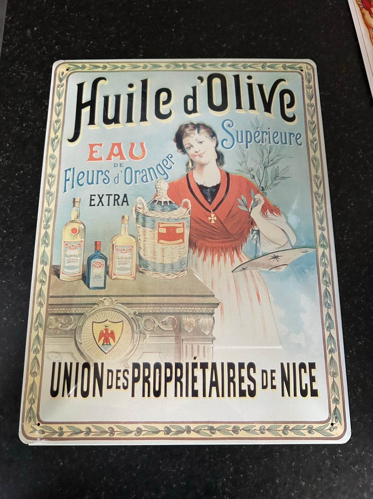 Metalen emaille reclamebord olijfolie huile d’olive, Verzamelen, Ophalen of Verzenden, Gebruikt, Reclamebord