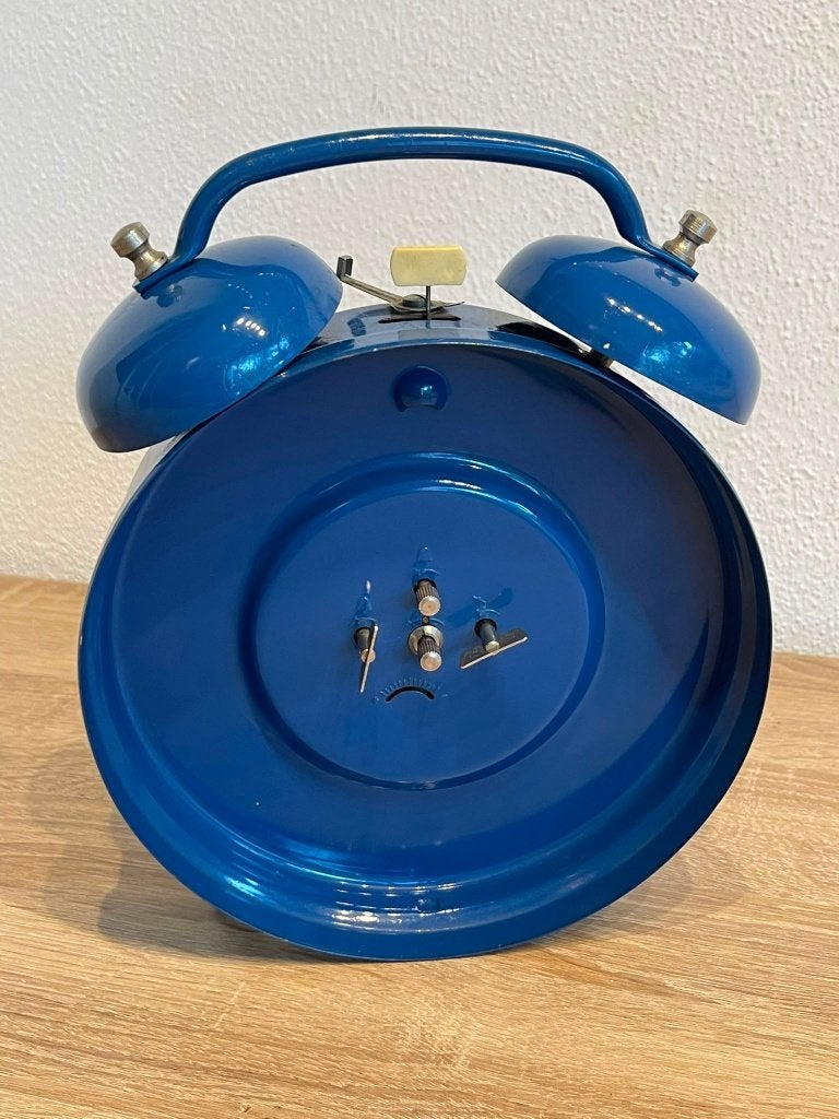 Vintage HEMA Xxl mechanische bellenwekker ca. 24 cm – blauw, Ophalen of Verzenden, Huis en Inrichting