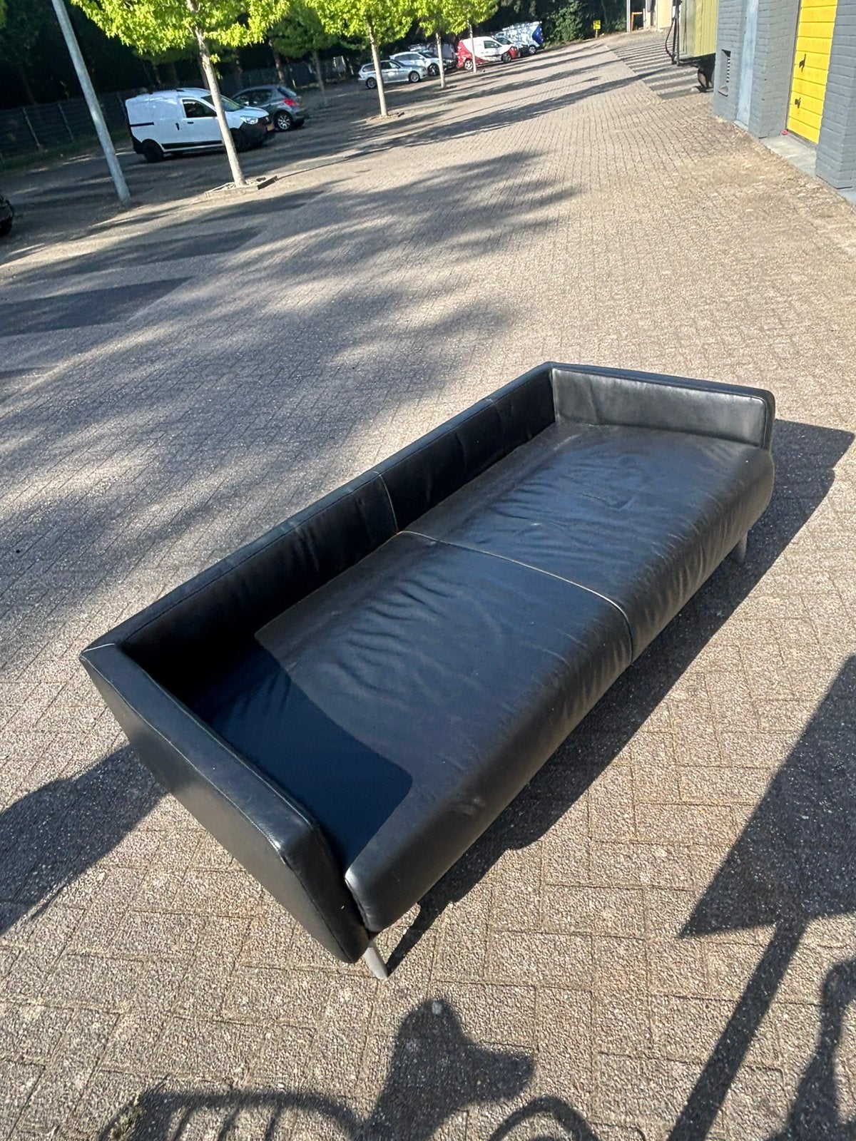 Leren bankje 3 losse kussens “design?”, Ophalen, Gebruikt, 150 tot 200 cm, Tweepersoons