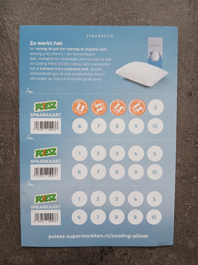 4 POIESZ spaarzegels voor korting Cooling Pillow, GRATIS, Overige supermarkten, Ophalen