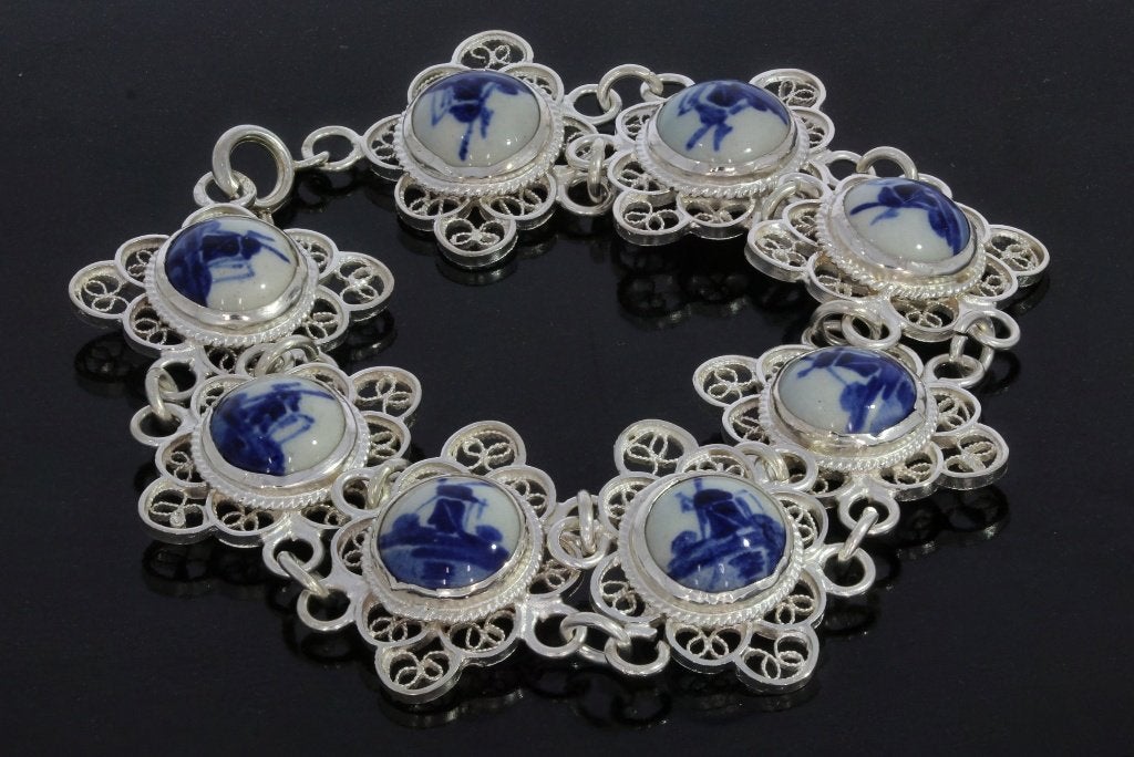 Zilveren vintage fraaie armband delftsblauw molen dames, Ophalen of Verzenden, Zilver, Armband, Met edelsteen