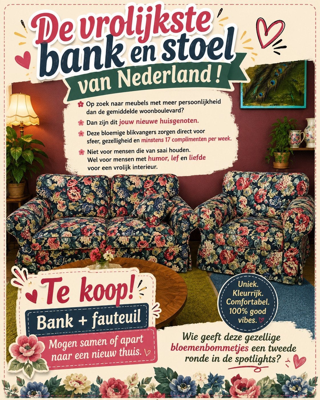 Bloemenbank en fauteuil - Uniek en Comfortabel, Ophalen, Gebruikt, Bloemenprint, Vintage, Vrolijk, 150 tot 200 cm