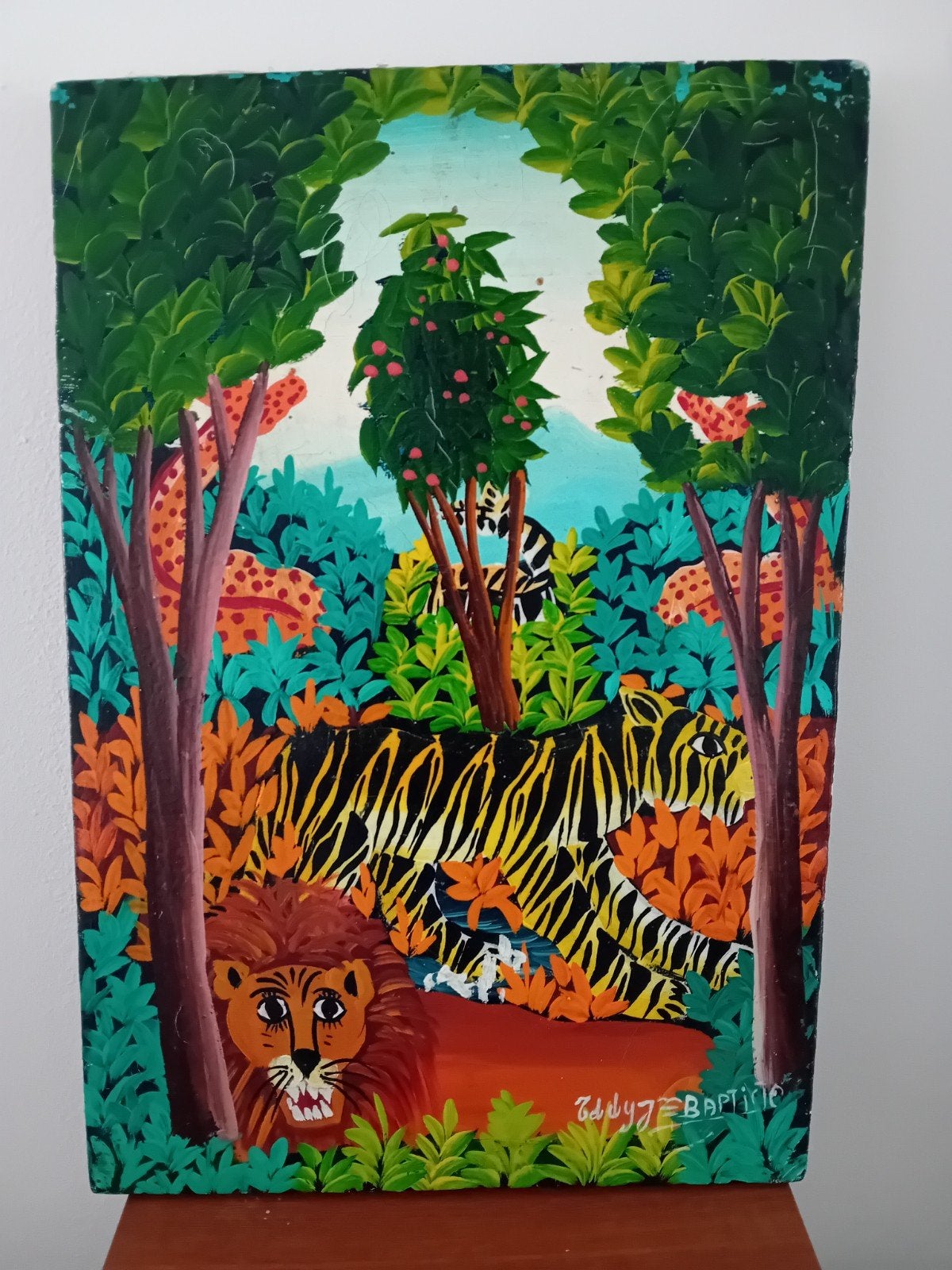 Vintage Olieverf Schilderij Eddy Jean Baptiste Haïti Jungle, Doek, Dieren, Ophalen of Verzenden, Olieverf