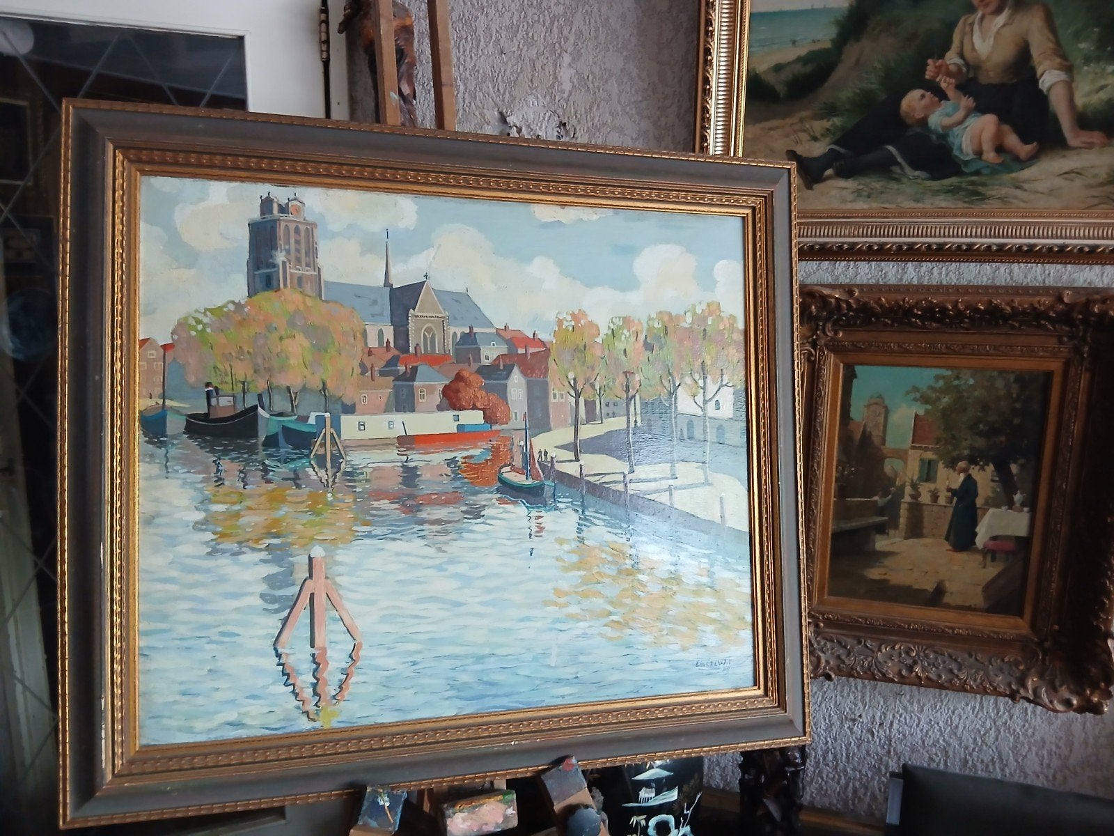 Gesigneerd olieverfschilderij Dordrecht stadsgezicht, Ophalen of Verzenden