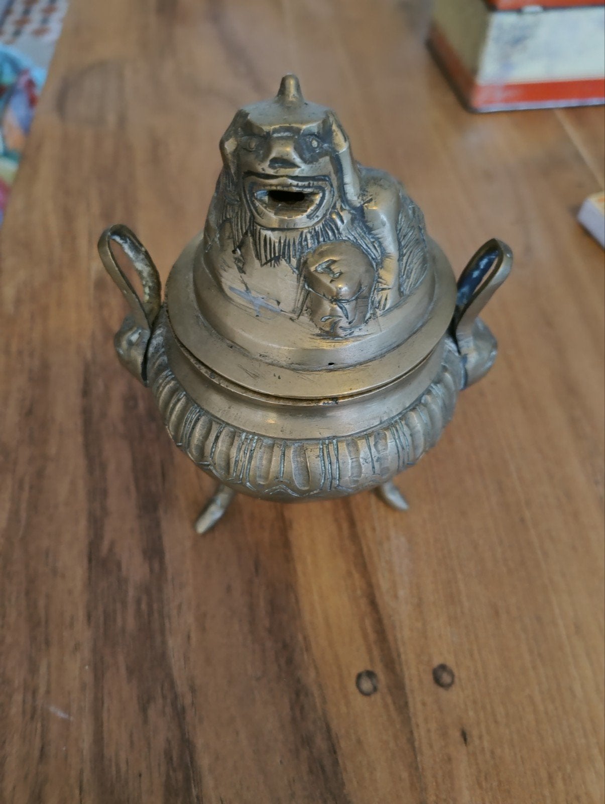 Antieke wierookbrander met leeuwenkop - Koper, Antiek en Kunst, Antiek | Koper en Brons, Ophalen of Verzenden, Koper