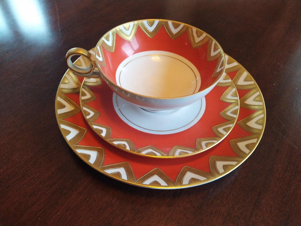 Handgeschilderd art-deco trio, kop/schotel/gebaksbordje, Ophalen of Verzenden