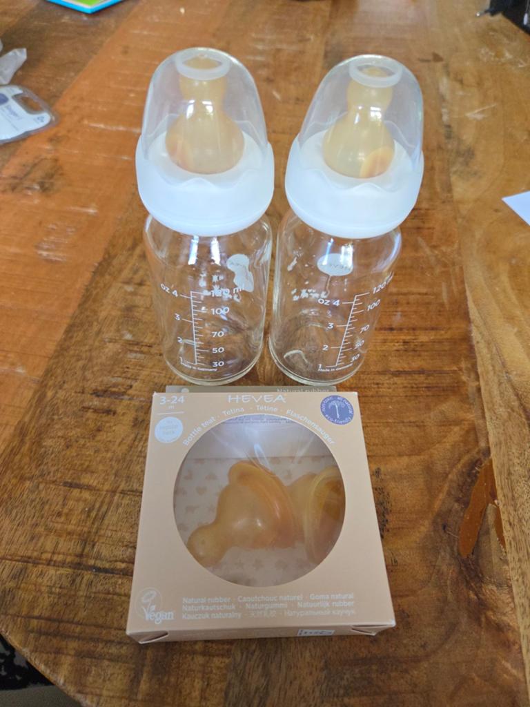 Hevea glazen babyflessen met natuurrubber spenen 120 ml, Ophalen of Verzenden