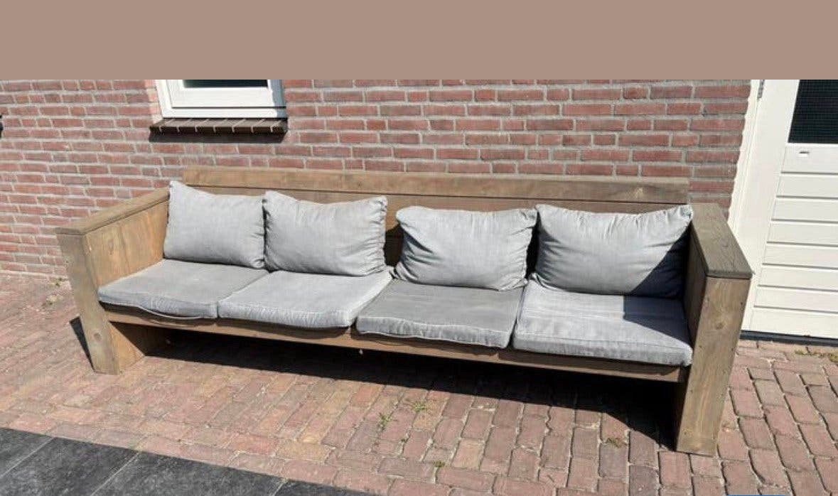 Loungeset 2 banken en 1 tafeltje incl kussens, Ophalen, Zo goed als nieuw, Hout