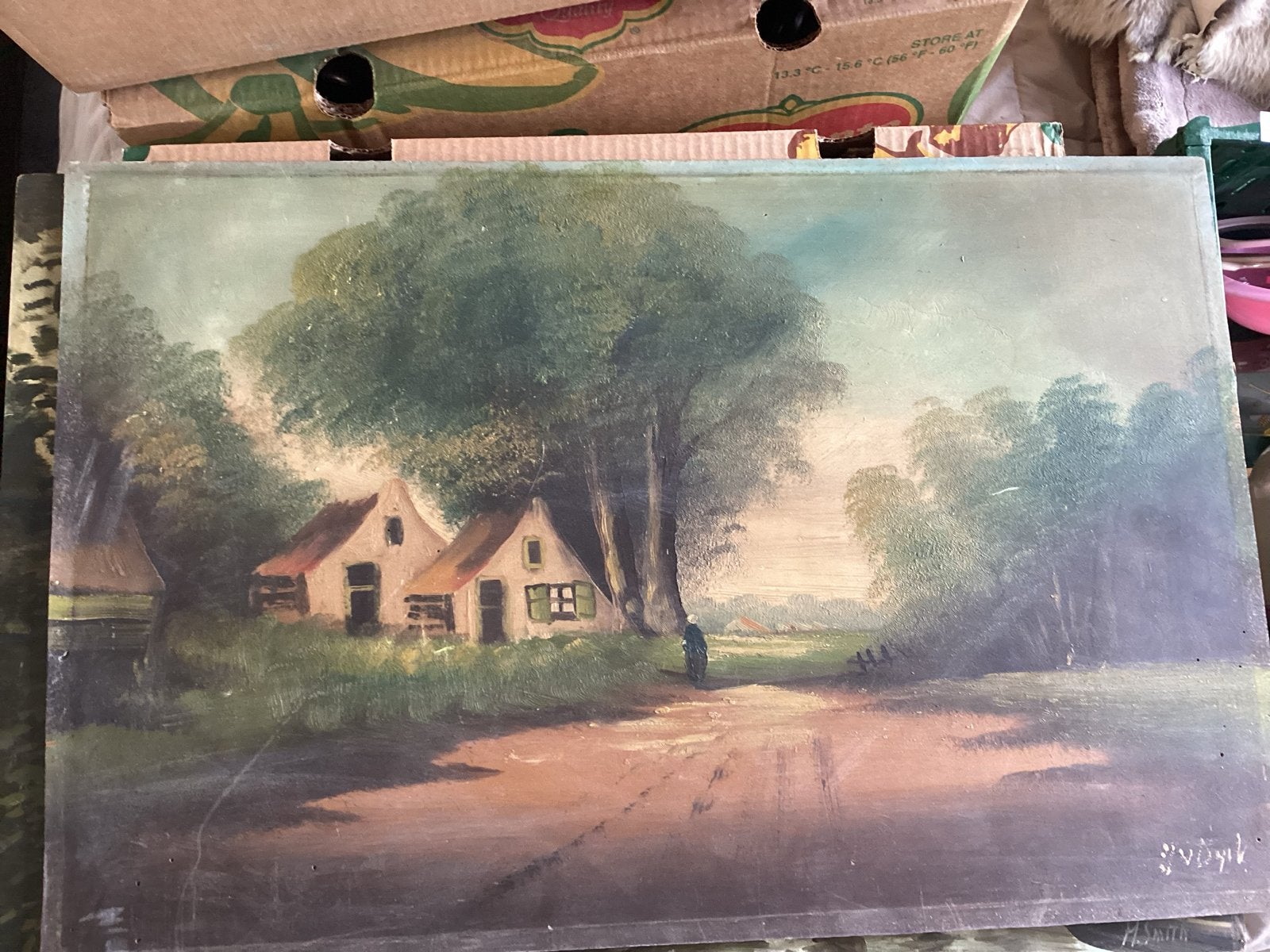 Schilderij Landschap met Boerderijen op Paneel, Antiek en Kunst, Kunst | Schilderijen | Klassiek, Ophalen of Verzenden, Gesigneerd