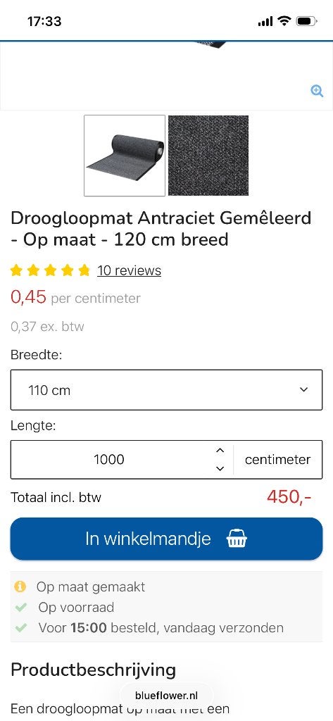 Droogloopmat antraciet 10m x 1.10m z.g.a.n., Ophalen, Binnen, Nylon, Zo goed als nieuw