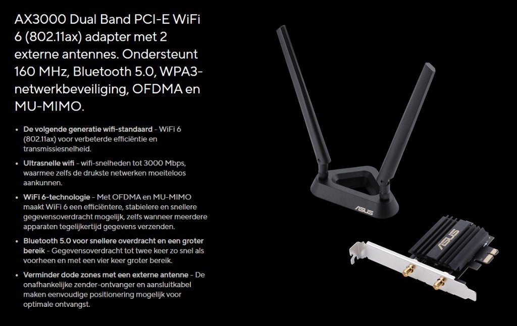 ASUS PCE-AX58BT AX3000 WiFi 6 + Bluetooth 5.0 PCIe, Computers en Software, Routers en Modems, Ophalen of Verzenden, Zo goed als nieuw