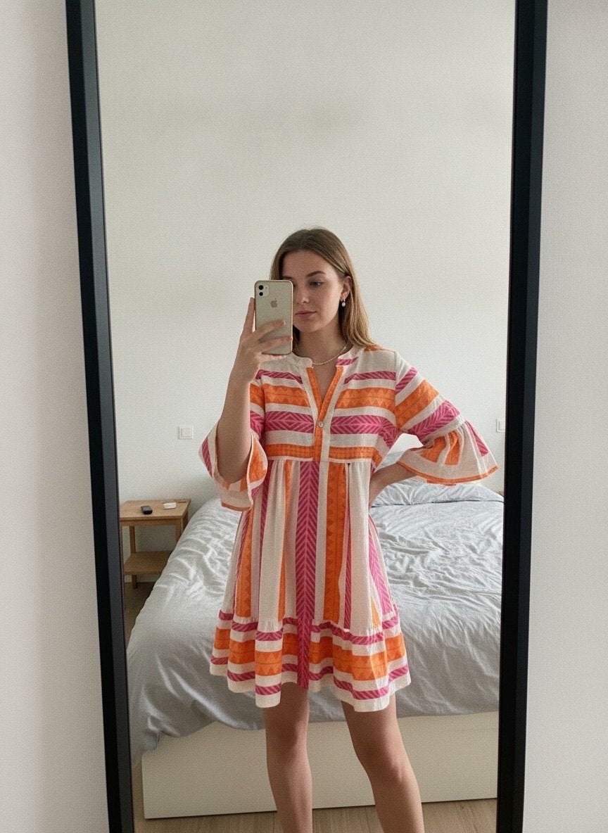 Z.g.a.n. Ibiza jurk - Oranje/Roze gestreept, Kleding | Dames, Jurken, Maat 38/40 (M), Oranje, Ophalen of Verzenden, Zo goed als nieuw