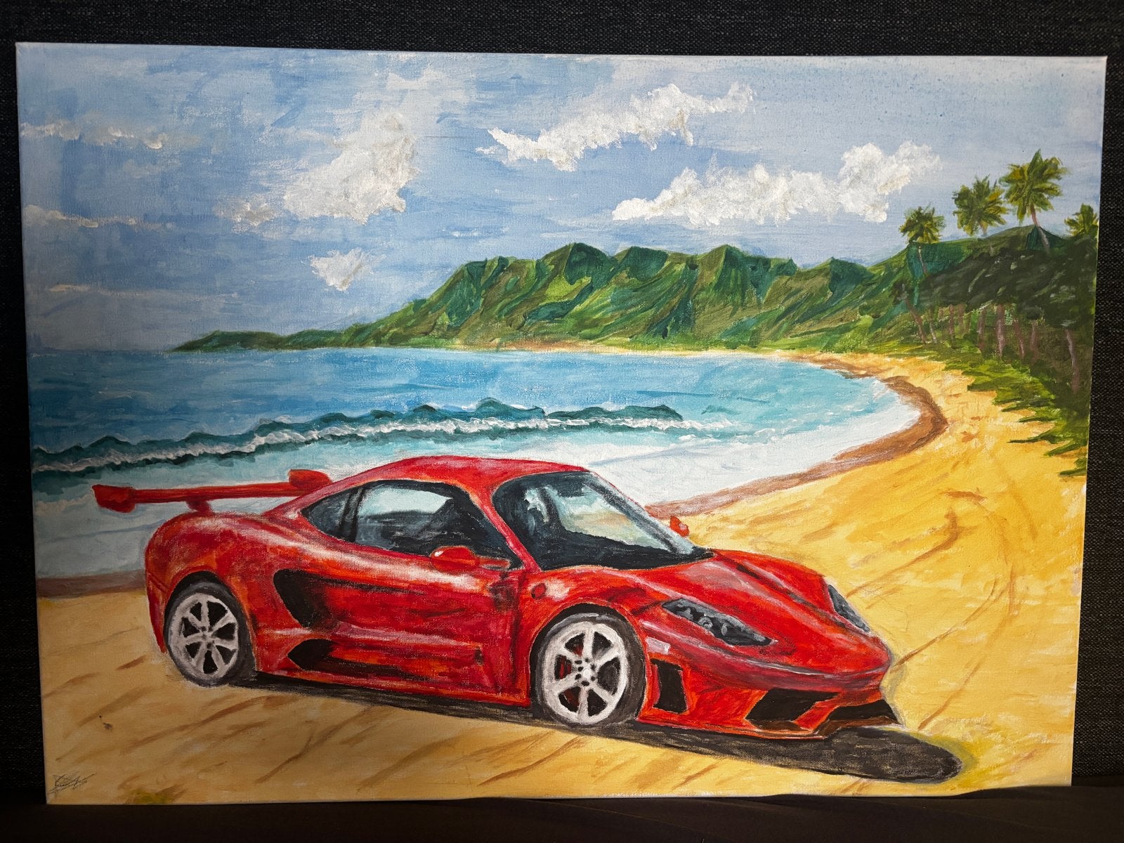 Schilderij: Rode Sportwagen op Tropisch Strand, Antiek en Kunst, Voertuigen, Acrylverf, Handgeschilderd, Ophalen of Verzenden